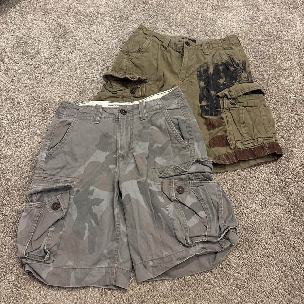 2 Lot! Vintage American Eagle Cargo Shorts Baggy Skater USA Flag Olive /  Tan 28